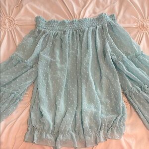 Aqua Blue Smocked Ruffled Off the Shoulder Blouse